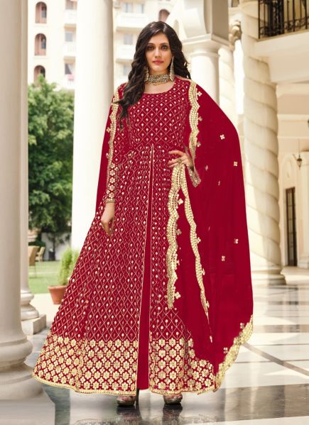 Red Georgette Sequins & Embroidery Work Festive-Wear Front-Slit Salwar Kameez