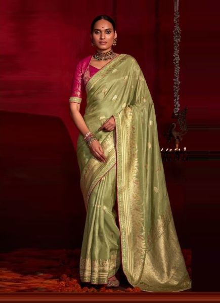 Light Olive Green Pure Dola Silk Weaving Party-Wear Saree