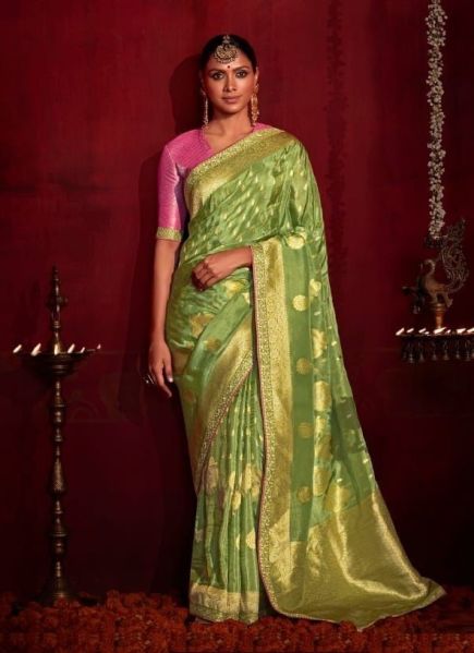 Light Green Pure Dola Silk Weaving Party-Wear Saree