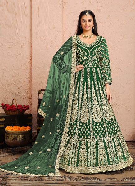 Green Net Embroidered Party-Wear Floor-Length Salwar Kameez