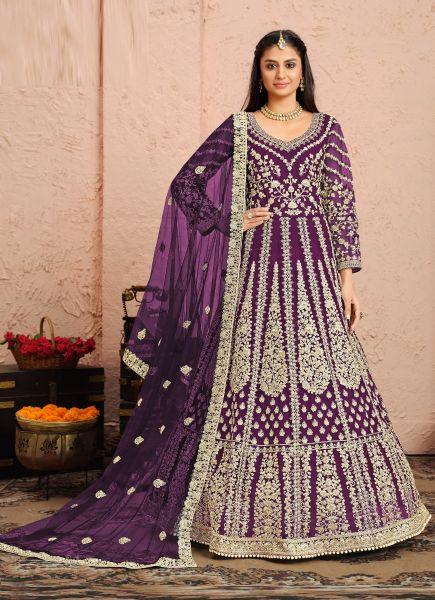 Purple Net Embroidered Party-Wear Floor-Length Salwar Kameez