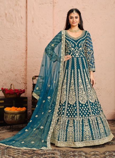 Sea Blue Net Embroidered Party-Wear Floor-Length Salwar Kameez