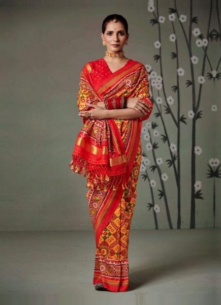 Orange Patola Silk Printed Festive-Wear Saree