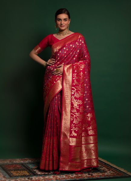 Crimson Red Silk Thread Weaving Festive-Wear Zari Silk Saree