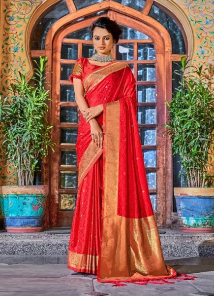 Red Pure Satin Silk Weaving Festive-Wear Saree