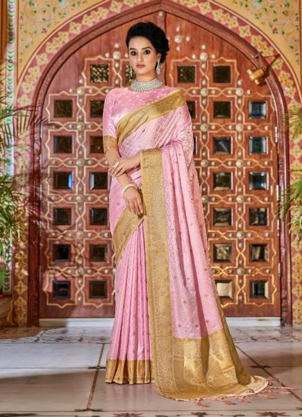 Light Pink Pure Satin Silk Weaving Festive-Wear Saree
