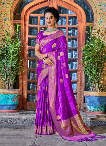 Violet Pure Satin Silk Weaving Festive-Wear Saree