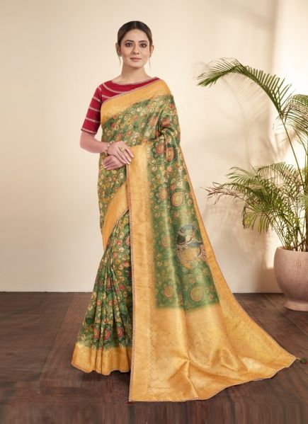 Olive Green Tissue Jacquard Printed Party-Wear Saree