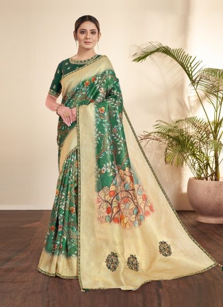 Green Tissue Printed Party-Wear Saree