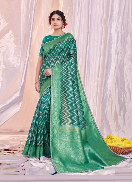 Teal Green Tusser Silk Jacquard Printed Party-Wear Tissue Saree