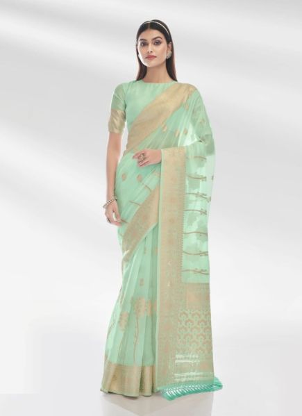 Light Mint Green Organza Weaving Festive-Wear Fashionable Saree