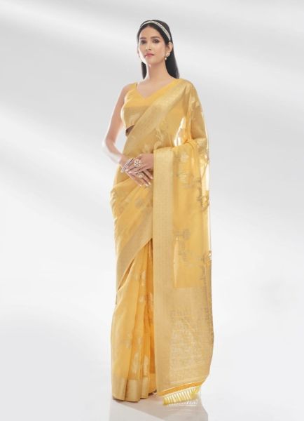 Yellow Organza Weaving Festive-Wear Fashionable Saree