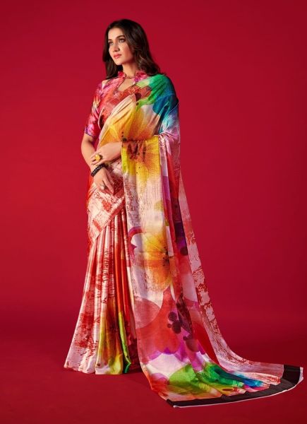Multicolor Satin Crepe Digital Printed Festive-Wear Fashionable Saree