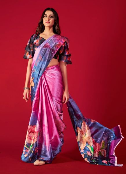 Hot Pink Satin Crepe Digital Printed Festive-Wear Fashionable Saree