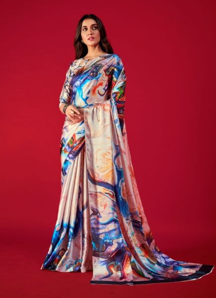 Multicolor Satin Crepe Digital Printed Festive-Wear Fashionable Saree