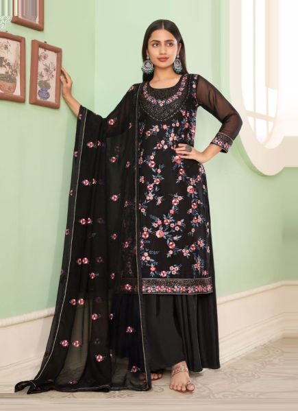 Dark Brown Georgette Embroidered Party-Wear Sharara-Bottom Salwar Kameez