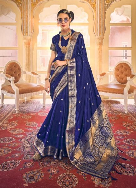 Blue Satin Weaving Festive-Wear Jari Silk Saree