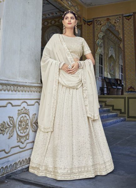 White Georgette Thread & Sequins-Work Party-Wear Embroidery Lehenga Choli