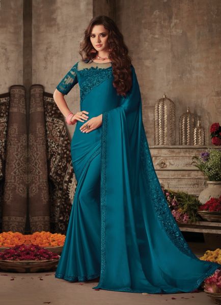 Sea Blue Silk Embroidered Party-wear Boutique Saree