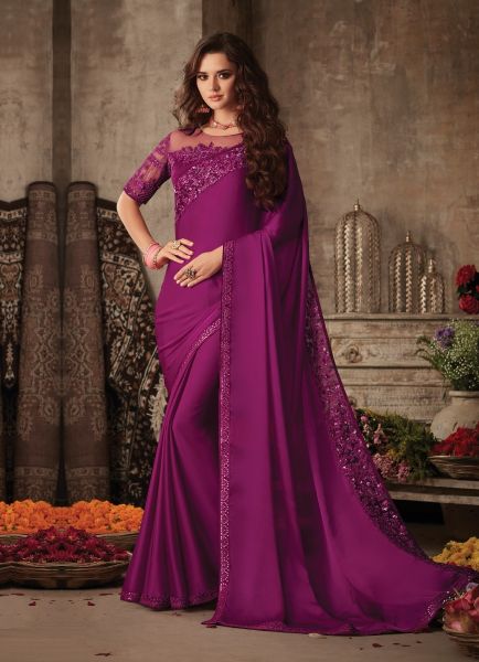 Purple Silk Embroidered Party-wear Boutique Saree