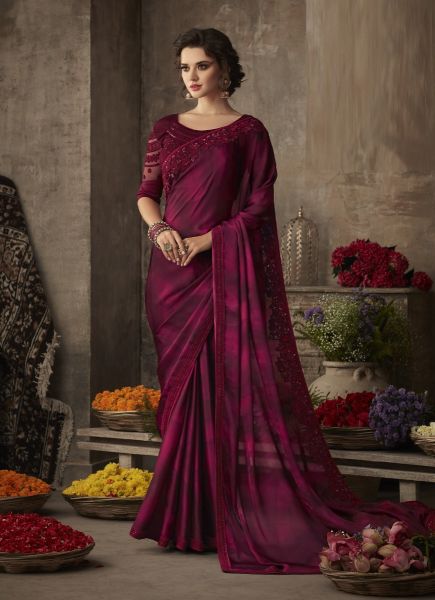 Wine Silk Embroidered Party-wear Boutique Saree