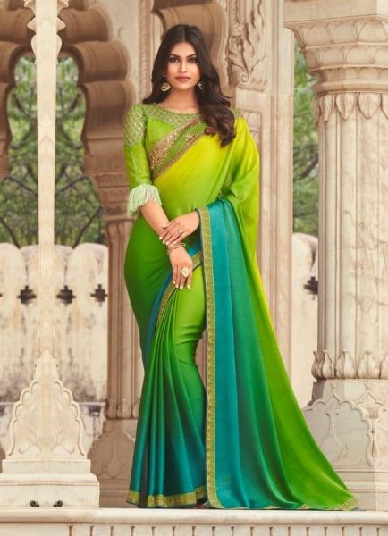 Parrot Green Silk Embroidered Party-wear Boutique Saree
