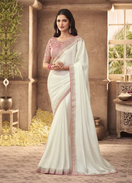 Off White Silk Georgette Embroidered Party-wear Boutique Saree
