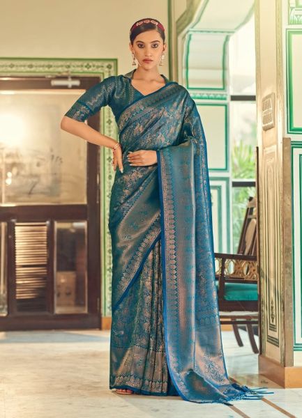 Teal Blue Soft Handloom Silk With Copper Zari Weaving Festive-Wear Saree