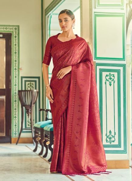 Burgundy Soft Handloom Silk With Copper Zari Weaving Festive-Wear Saree