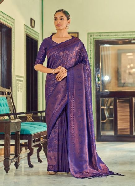 Violet Soft Handloom Silk With Copper Zari Weaving Festive-Wear Saree