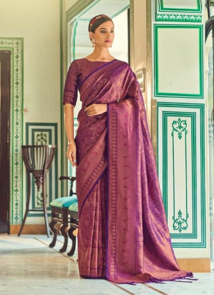 Purple Soft Handloom Silk With Copper Zari Weaving Festive-Wear Saree
