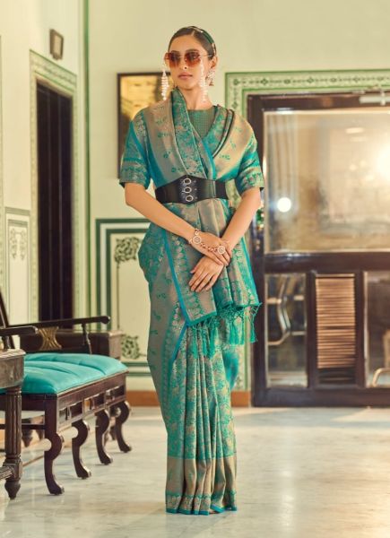 Aqua Soft Handloom Silk With Copper Zari Weaving Festive-Wear Saree