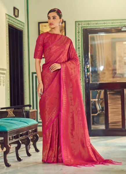Dark PInk Soft Handloom Silk With Copper Zari Weaving Festive-Wear Saree