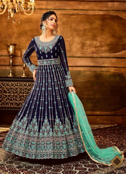 Blue Georgette Embroidered Party-Wear Floor-Length Salwar Kameez