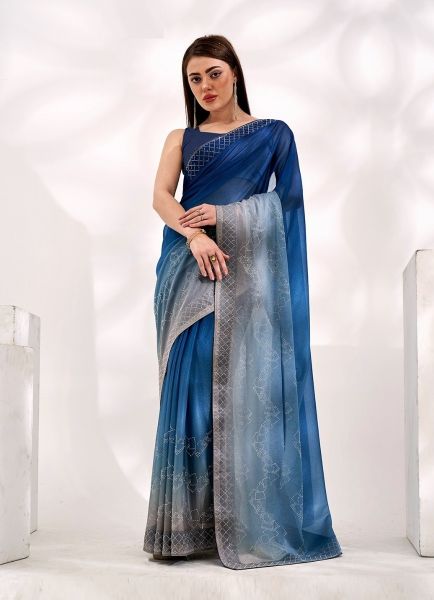 Blue Knitted Lycra Swarovski Work Boutique-Style Saree For Kitty Parties
