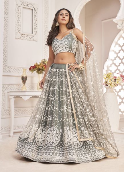 Gray Net With Cotton Sequins, Embroidery & Thread-Work Party-Wear Stylish Lehenga Choli