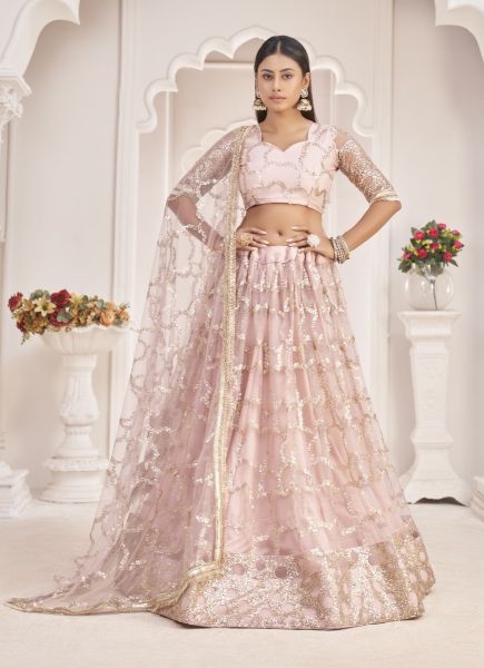 Light Pink Net With Cotton Sequins, Embroidery & Thread-Work Party-Wear Stylish Lehenga Choli