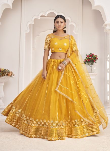 Marigold Net With Cotton Sequins, Embroidery & Thread-Work Party-Wear Stylish Lehenga Choli