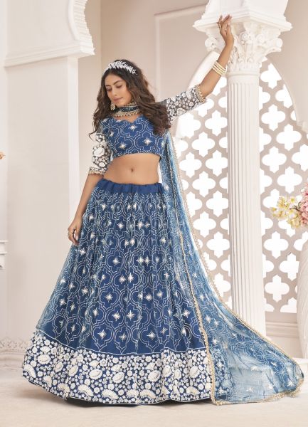 Blue Net With Cotton Sequins, Embroidery & Thread-Work Party-Wear Stylish Lehenga Choli