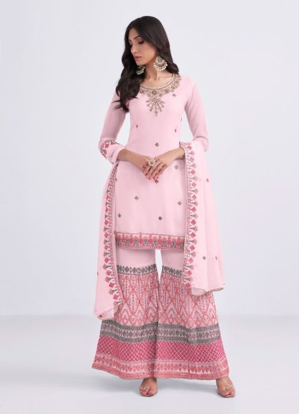 Light Lilac Georgette Embroidered Party-Wear Sharara-Bottom Salwar Kameez