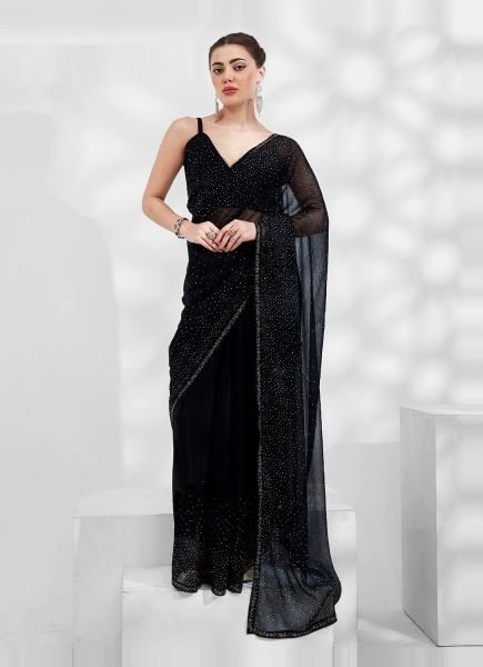 Black Shimmer Swarovski Work Boutique-Style Saree For Kitty Parties