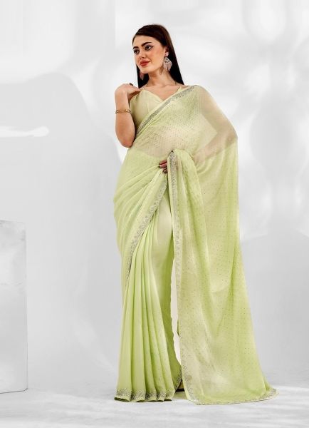 Light Green Satin Chiffon Stone-Work Boutique-Style Saree For Kitty Parties
