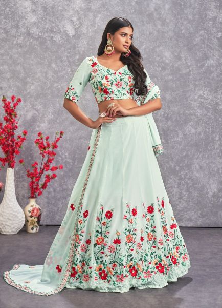 Light Blue Georgette Sequins With Thread-Work Party-Wear Embroidered Lehenga Choli