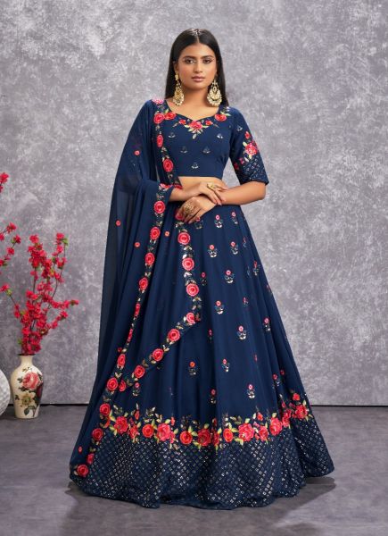 Blue Georgette Sequins With Thread-Work Party-Wear Embroidered Lehenga Choli