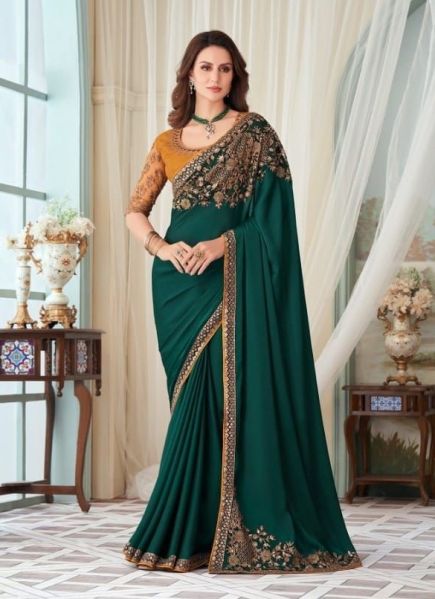 Teal Green Silk Embroidered Party-Wear Boutique Saree