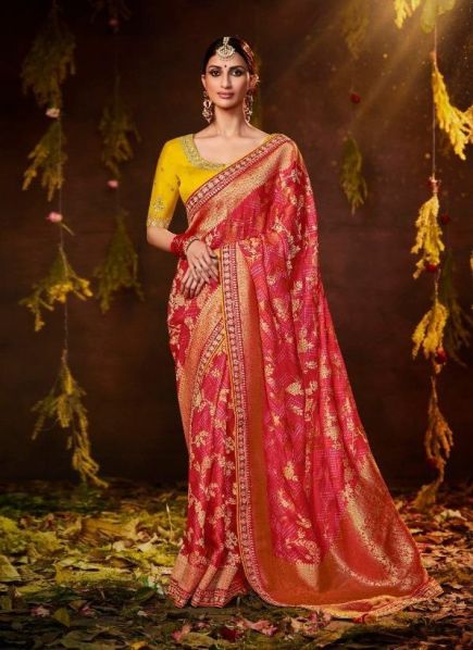Crimson Red Bandhej Print Wedding-Wear Silk Embroidery Saree