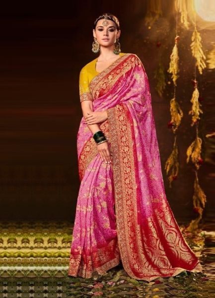 Hot Pink Bandhej Print Wedding-Wear Silk Embroidery Saree