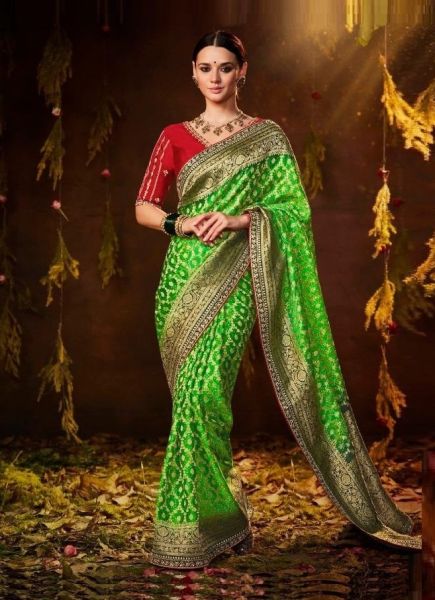 Light Green Bandhej Print Wedding-Wear Silk Embroidery Saree