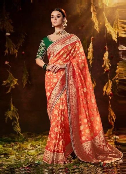 Coral Bandhej Print Wedding-Wear Silk Embroidery Saree