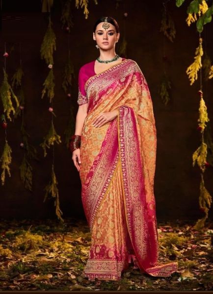 Cantaloupe Orange Bandhej Print Wedding-Wear Silk Embroidery Saree